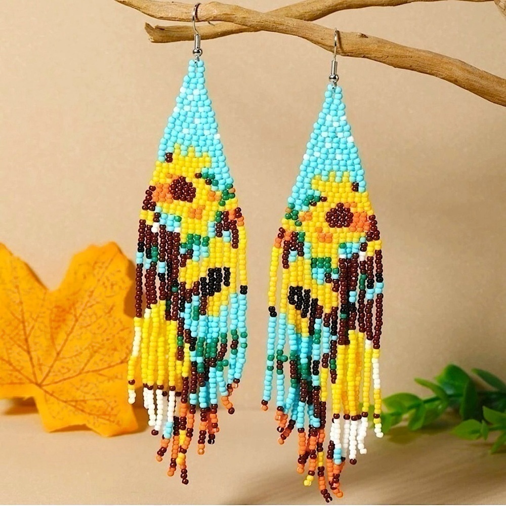 SUNFLOWER BOHO BEADED EARRINGS - BRAND NEW - Picture 4 of 5